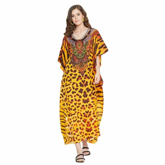Gypsie Blu Leopard Printed Caftan Dress Moo Moos Maxi Cover Up Dresses for Women - Picture 3 of 8